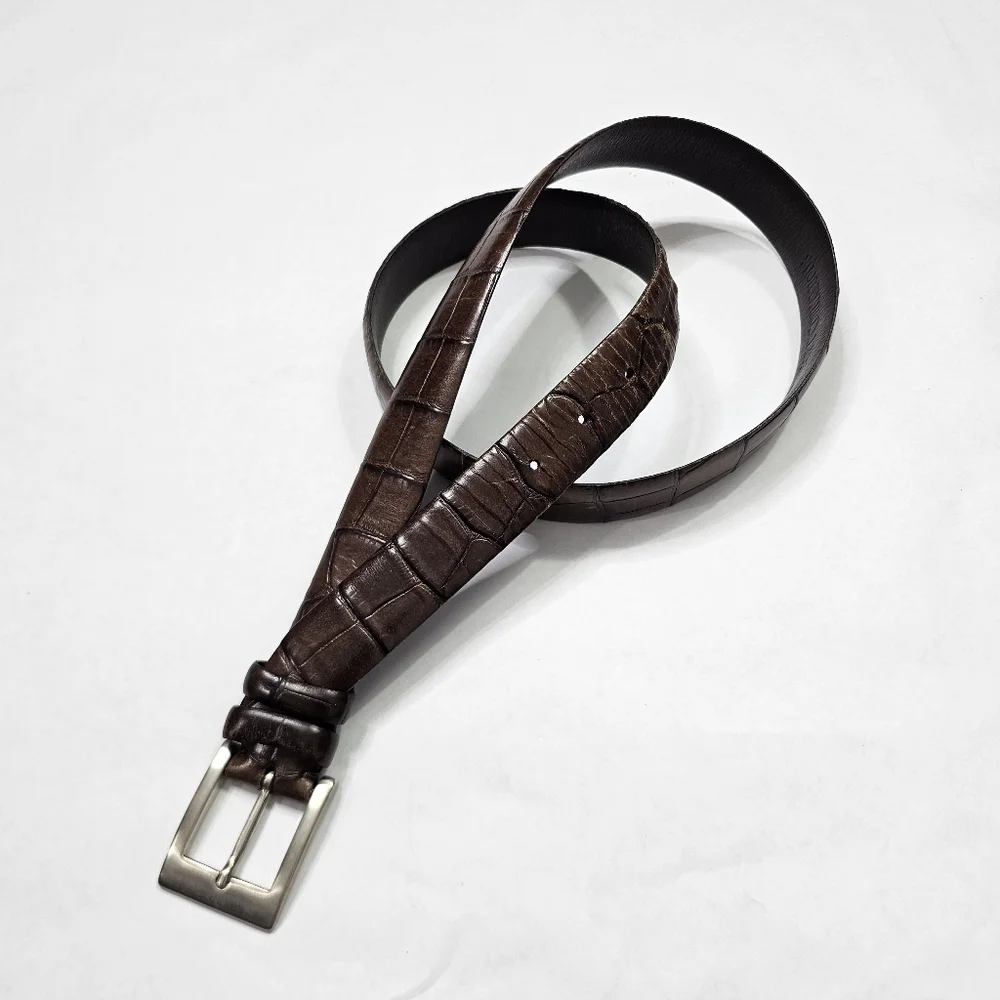 Soft Collections Men's Brown Leather Belt Textured Silver Hardware Size 38